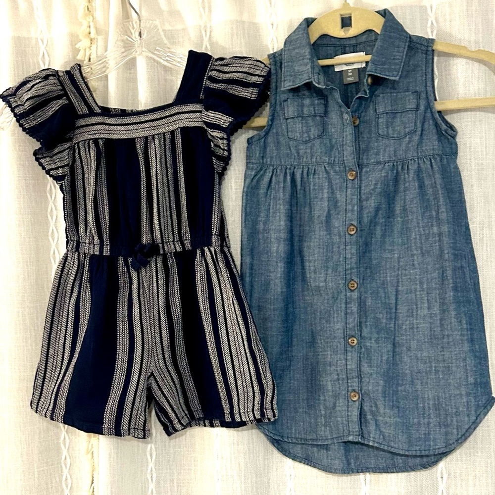 2 Old Navy 5T outfits. Navy & white romper and button up blue jeans dress